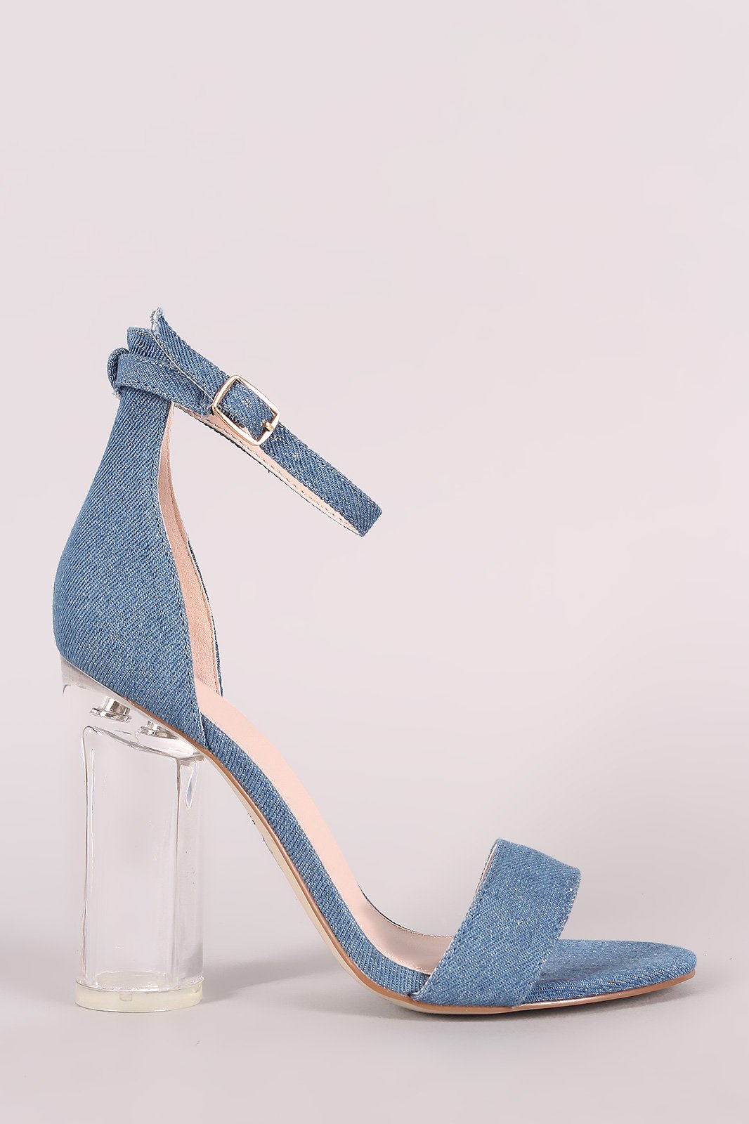 Denim Open Toe Ankle Strap Chunky Clear Heel