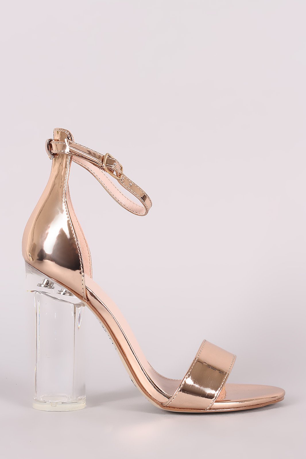 Metallic Patent Open Toe Ankle Strap Chunky Clear Heel
