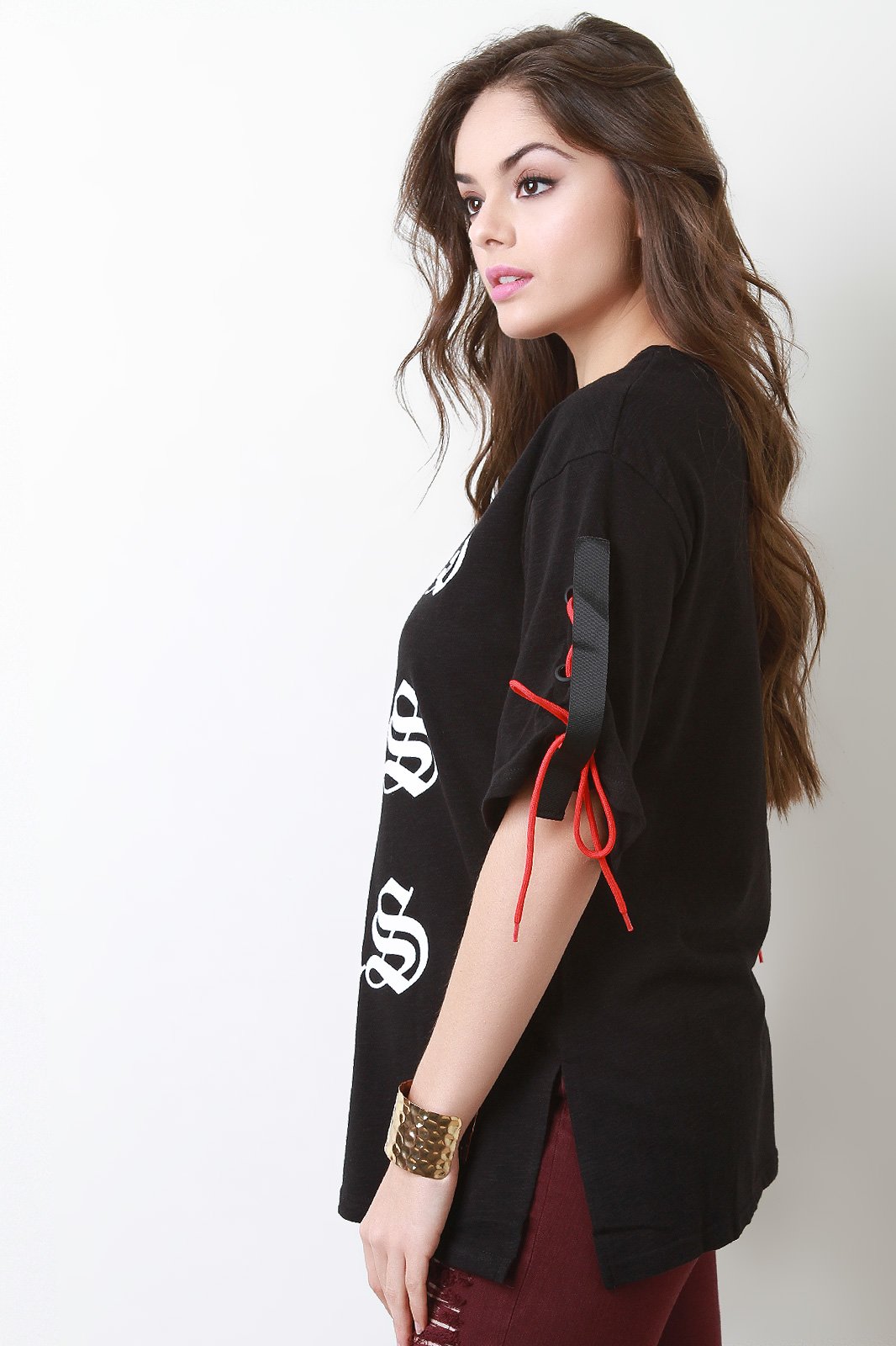 Girls Lace-Up Sleeve Boat Neck Tee - NoveltyOne