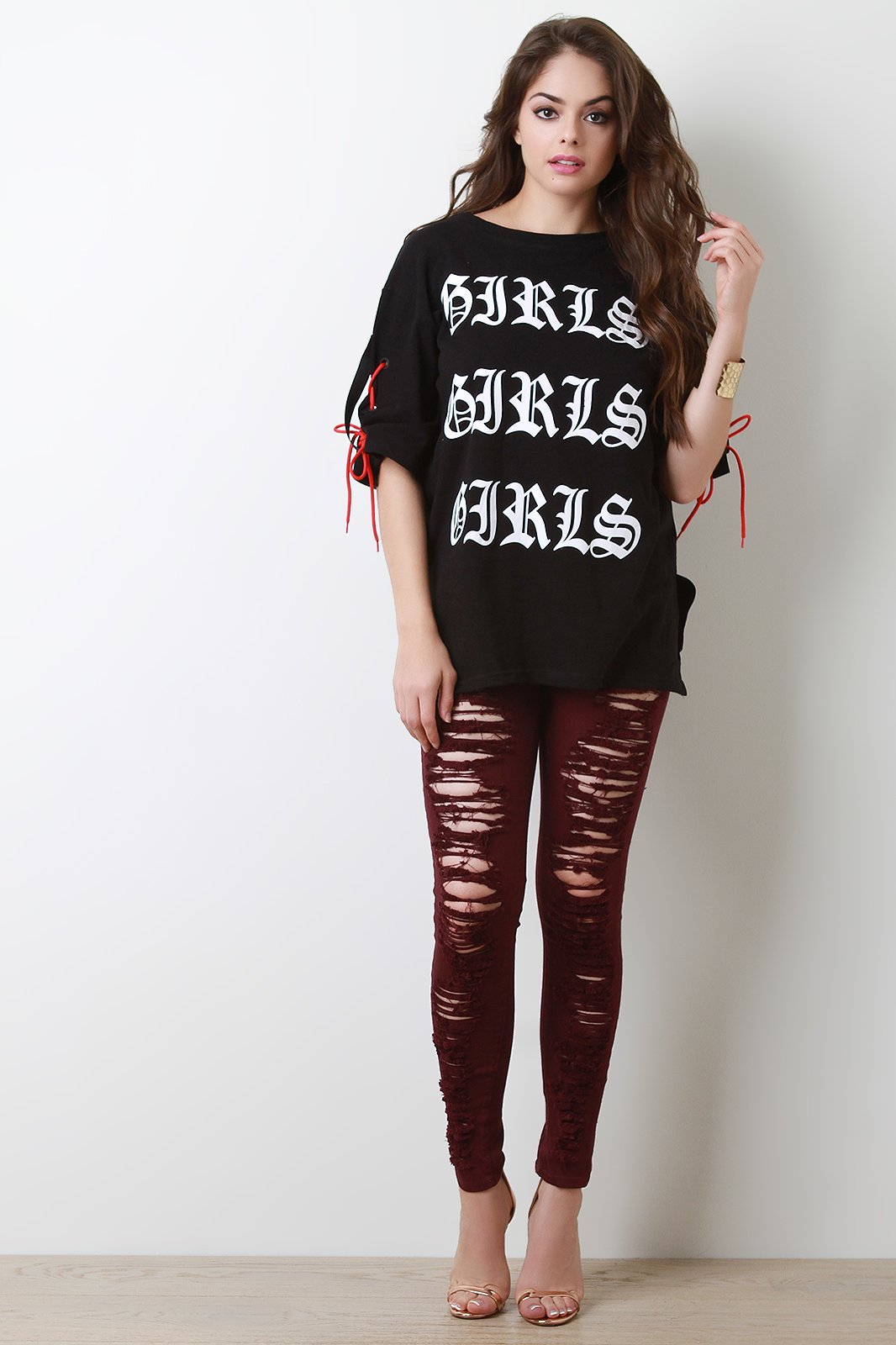 Girls Lace-Up Sleeve Boat Neck Tee - NoveltyOne