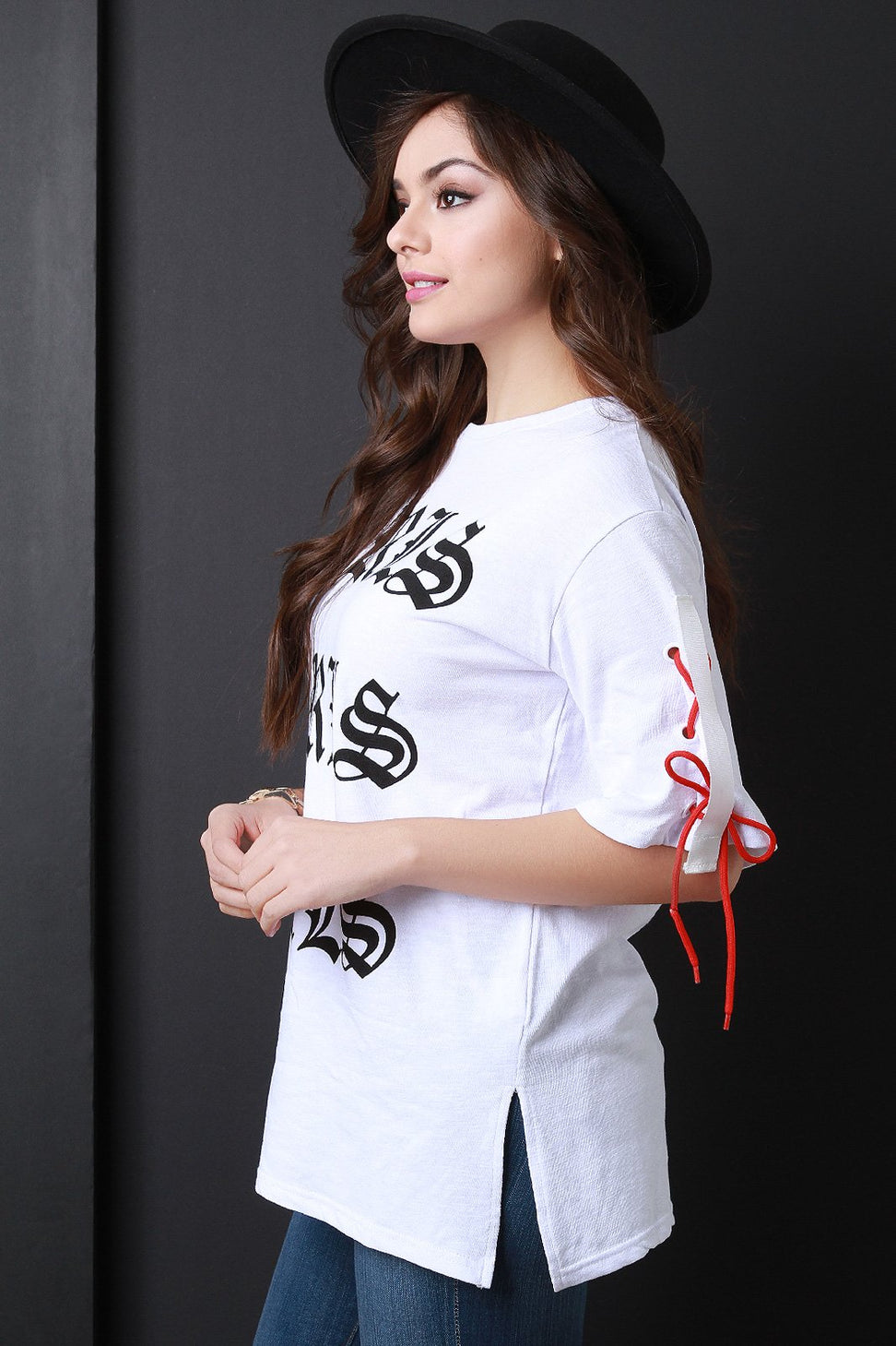 Girls Lace-Up Sleeve Boat Neck Tee - NoveltyOne