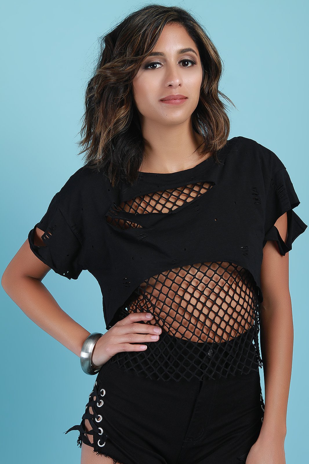 Distressed Jersey Knit Fishnet Mesh Short Sleeve Top - NoveltyOne