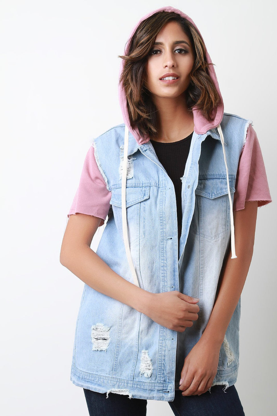 Distressed Denim Terry Knit Contrast Short Sleeve Hoodie Jacket - NoveltyOne