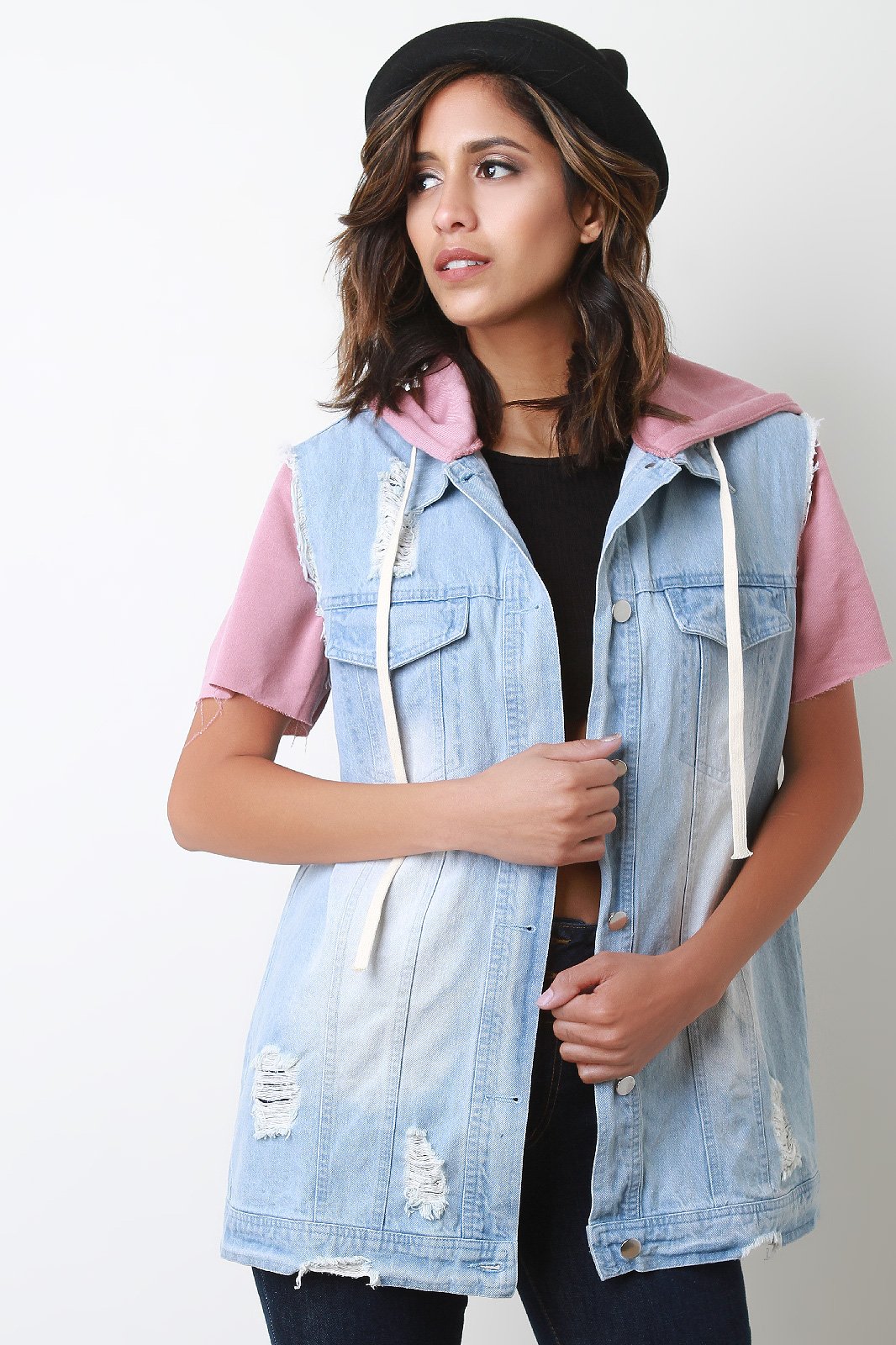 Distressed Denim Terry Knit Contrast Short Sleeve Hoodie Jacket - NoveltyOne