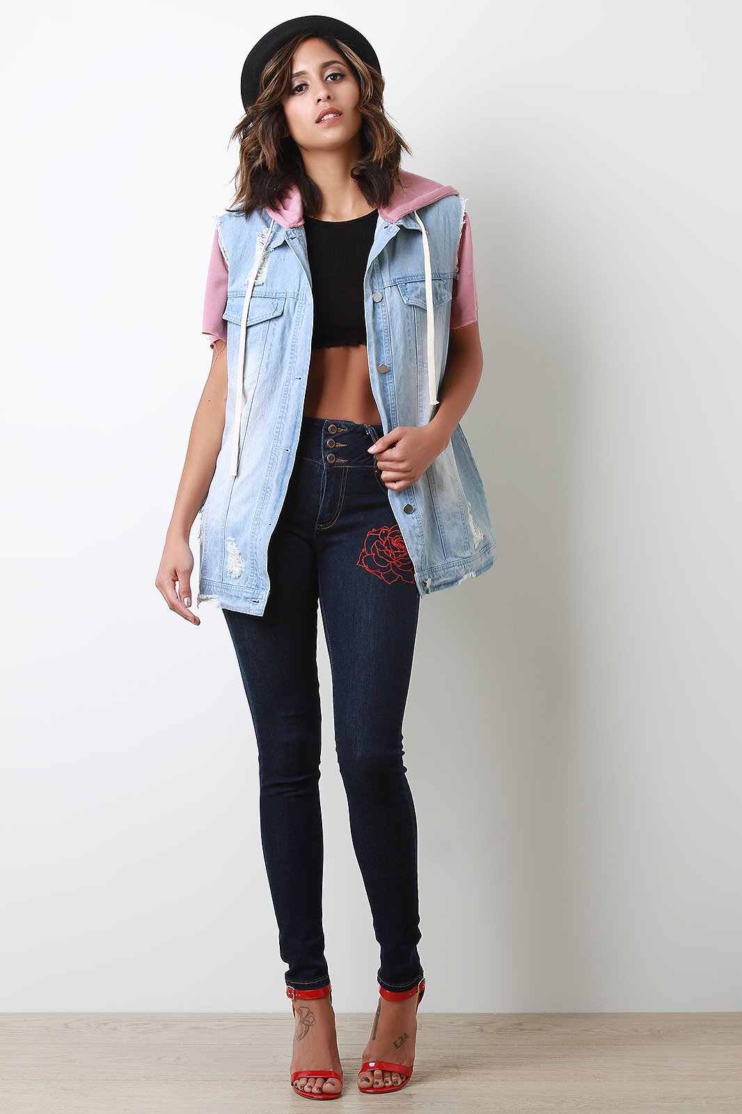 Distressed Denim Terry Knit Contrast Short Sleeve Hoodie Jacket - NoveltyOne