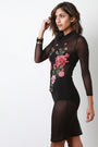 Mock Neck Long Sleeve Mesh Floral Embroidery Midi Dress - NoveltyOne