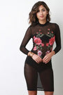 Mock Neck Long Sleeve Mesh Floral Embroidery Midi Dress - NoveltyOne
