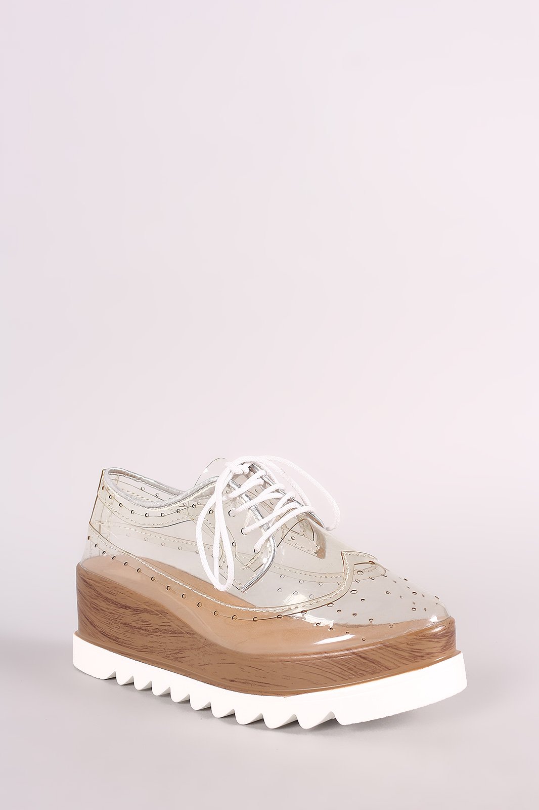 Qupid Perforated Transparent Lug Sole Lace Up Oxford Wedge