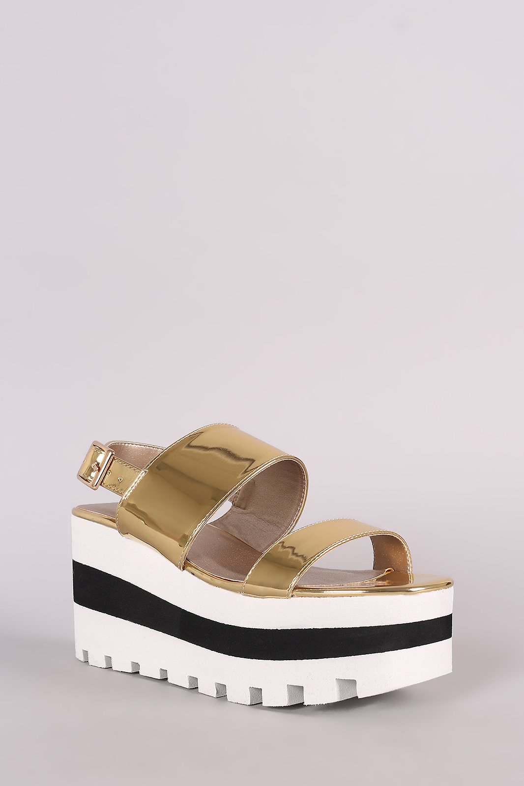 Qupid Metallic Double Band Lug Sole Slingback Striped Flatform Wedge