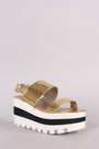 Qupid Metallic Double Band Lug Sole Slingback Striped Flatform Wedge