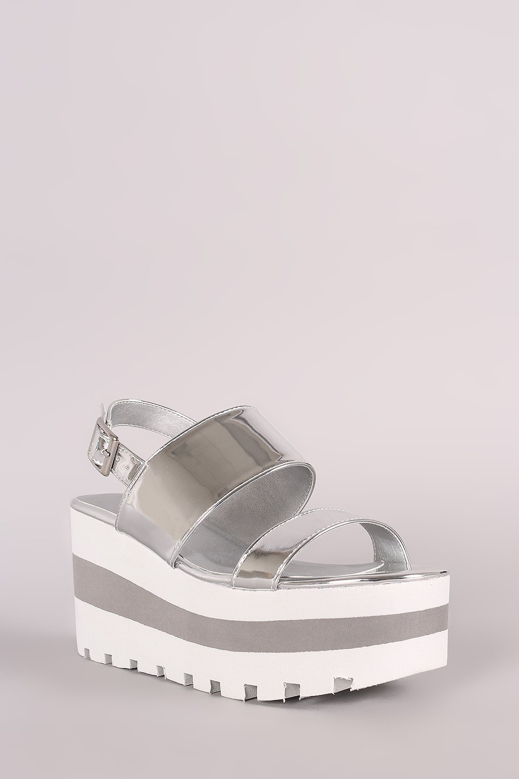 Qupid Metallic Double Band Lug Sole Slingback Striped Flatform Wedge
