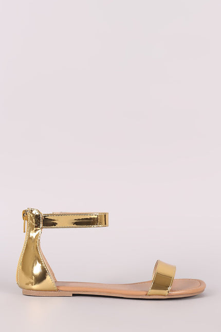 Metallic Patent Single Band Ankle Strap Flat Sandal