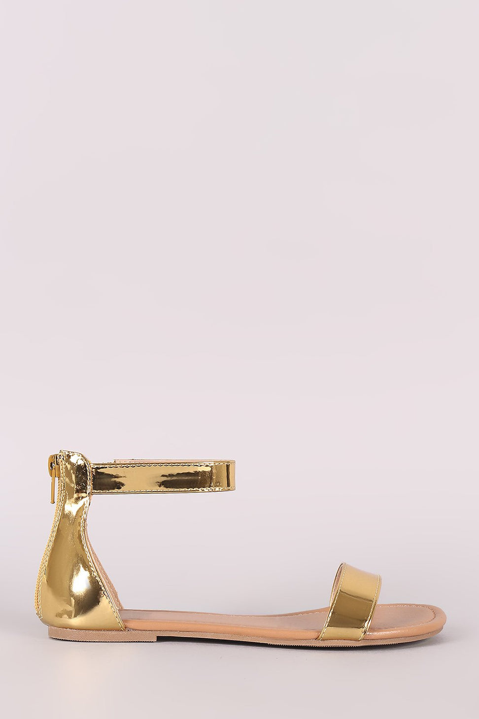 Metallic Patent Single Band Ankle Strap Flat Sandal
