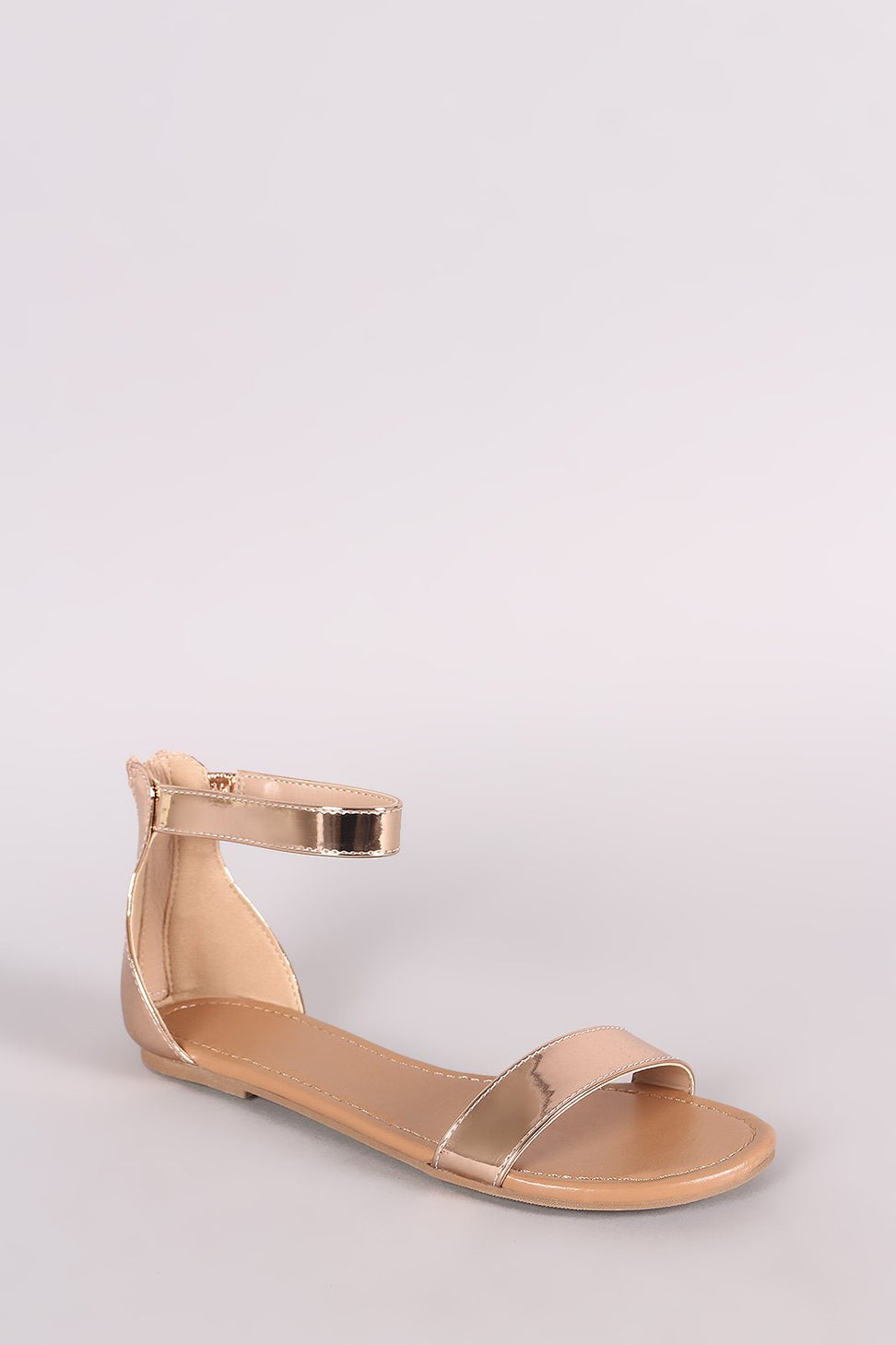 Metallic Patent Single Band Ankle Strap Flat Sandal