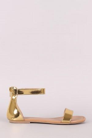 Metallic Patent Single Band Ankle Strap Flat Sandal