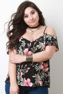 Textured Floral Cold Shoulder Short Ruffled Sleeve Top