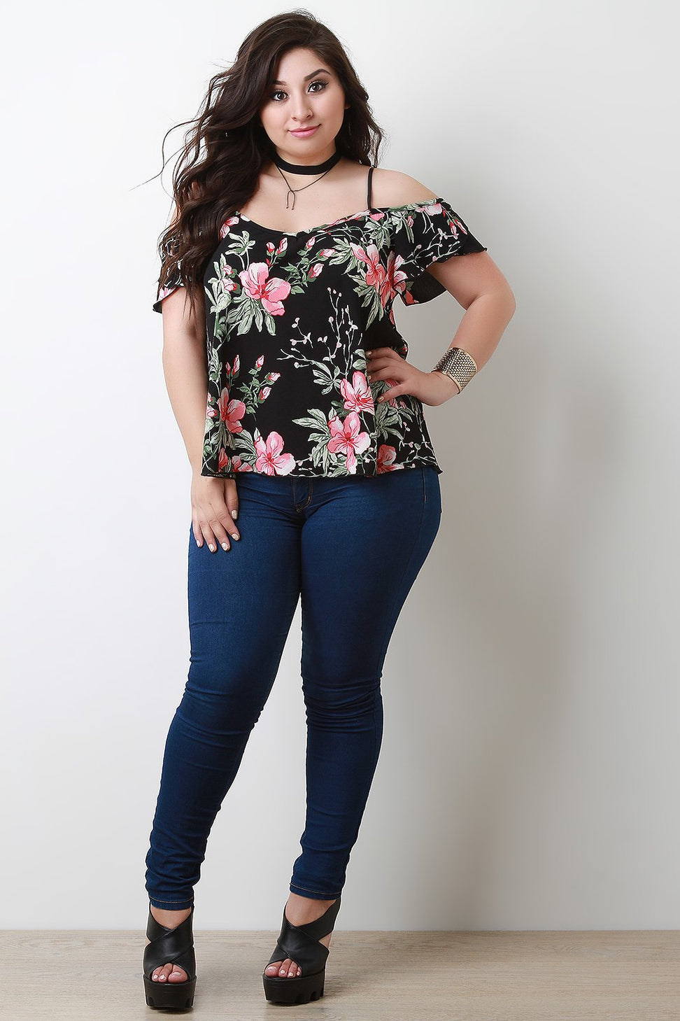 Textured Floral Cold Shoulder Short Ruffled Sleeve Top