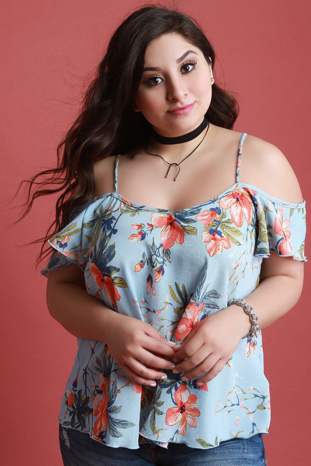 Textured Floral Cold Shoulder Short Ruffled Sleeve Top