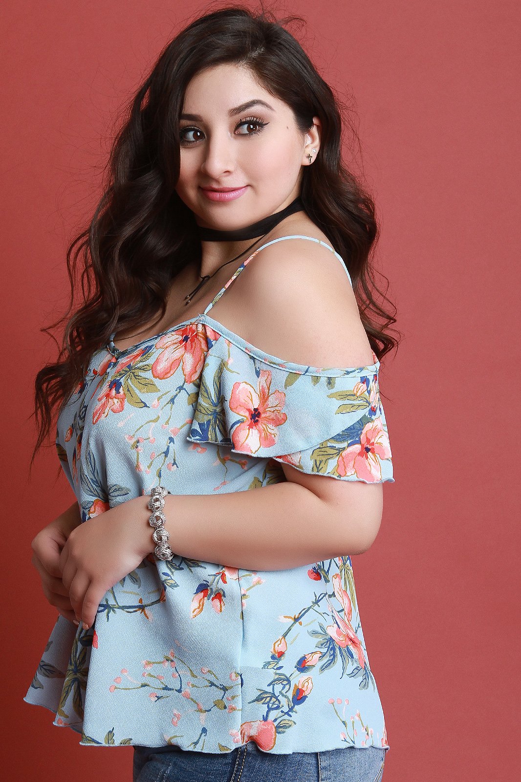 Textured Floral Cold Shoulder Short Ruffled Sleeve Top