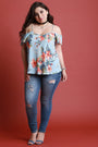 Textured Floral Cold Shoulder Short Ruffled Sleeve Top