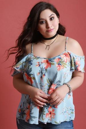 Textured Floral Cold Shoulder Short Ruffled Sleeve Top