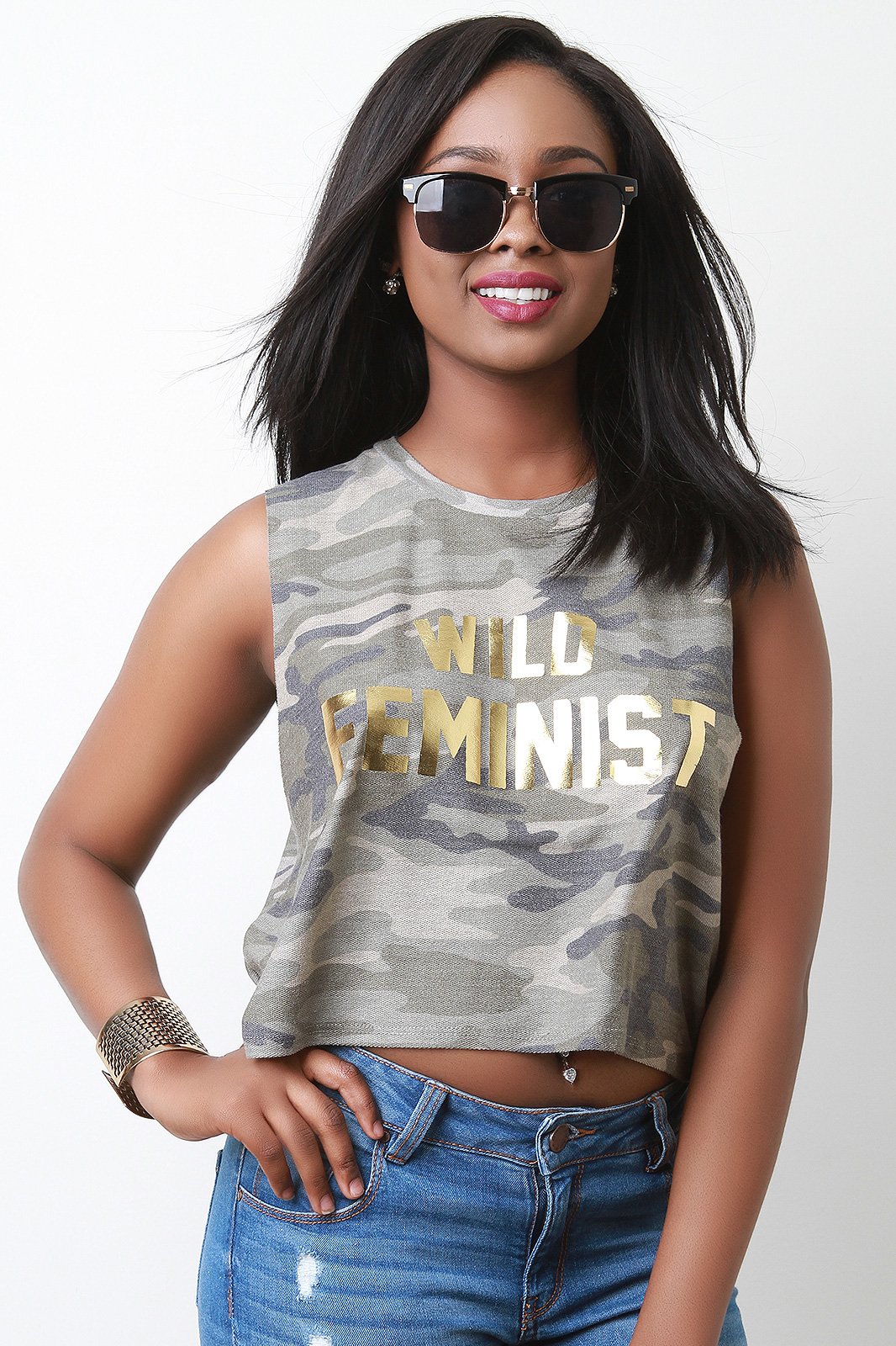 Wild Feminist Camouflage Sleeveless Crop Top