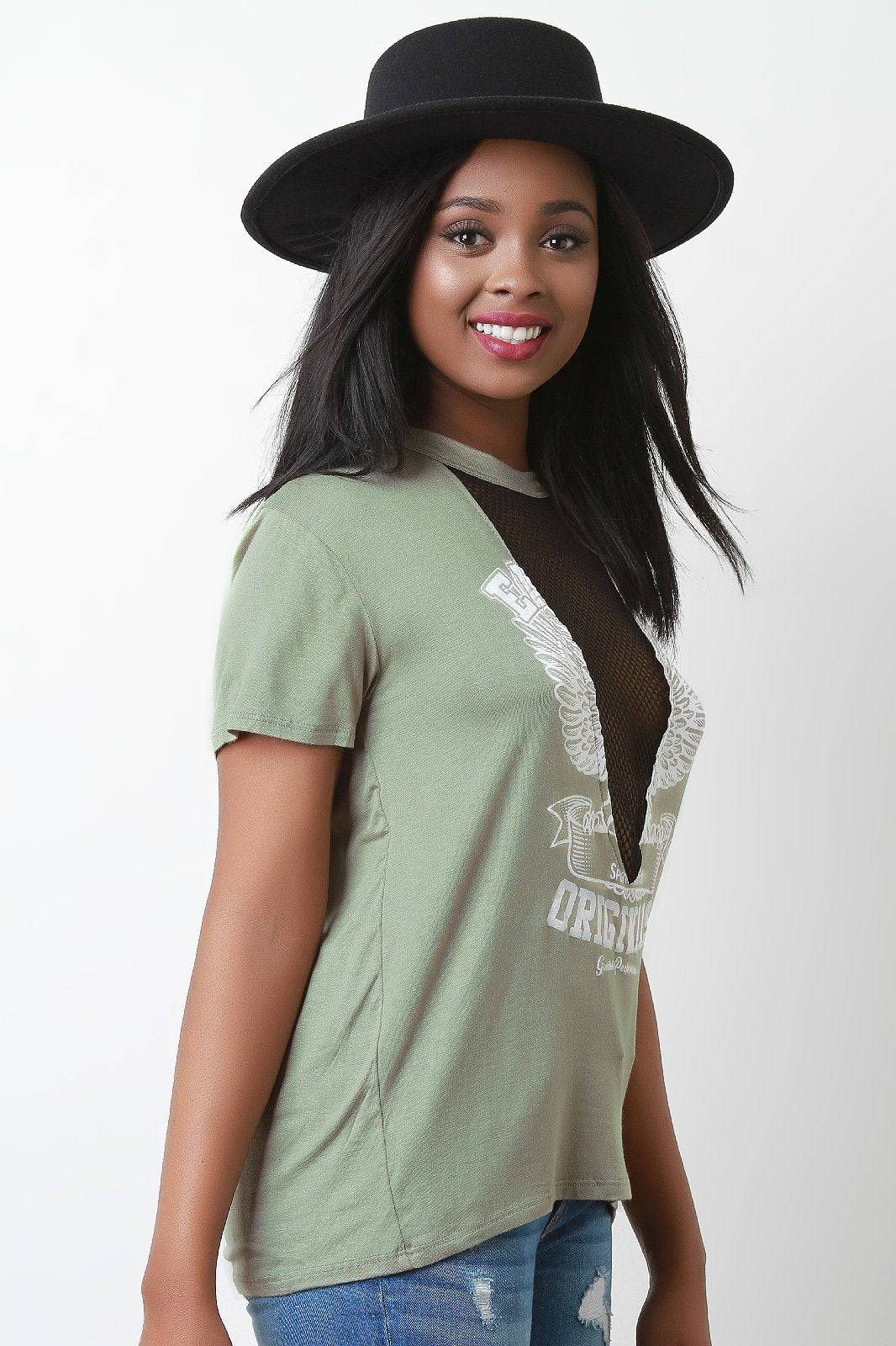 Graphic Print Round Neck Fishnet Inset Short Sleeve Top