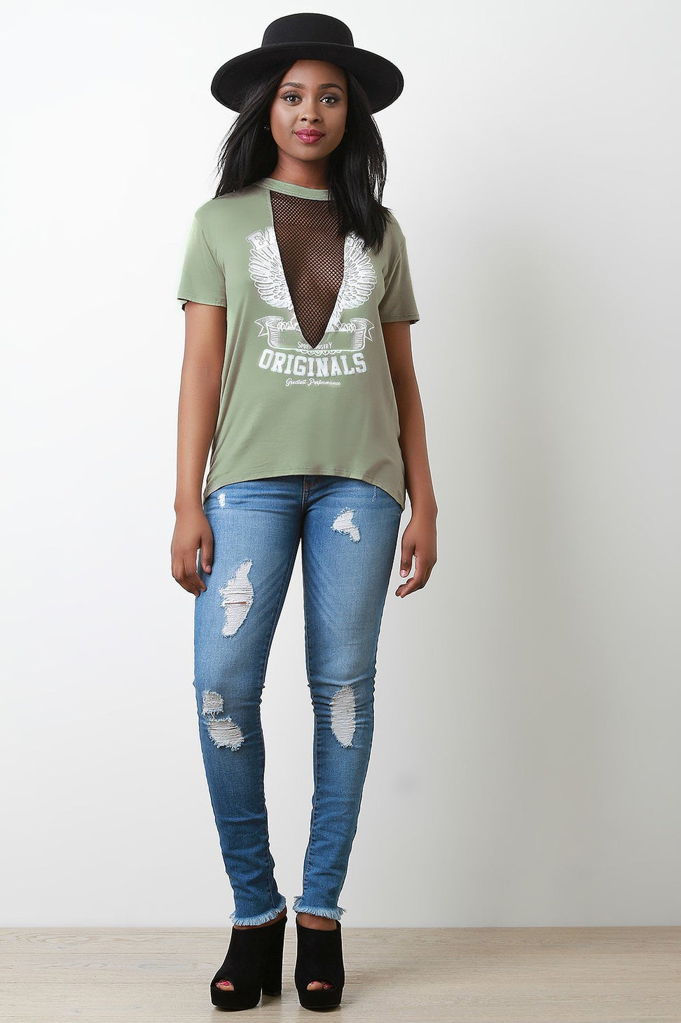 Graphic Print Round Neck Fishnet Inset Short Sleeve Top