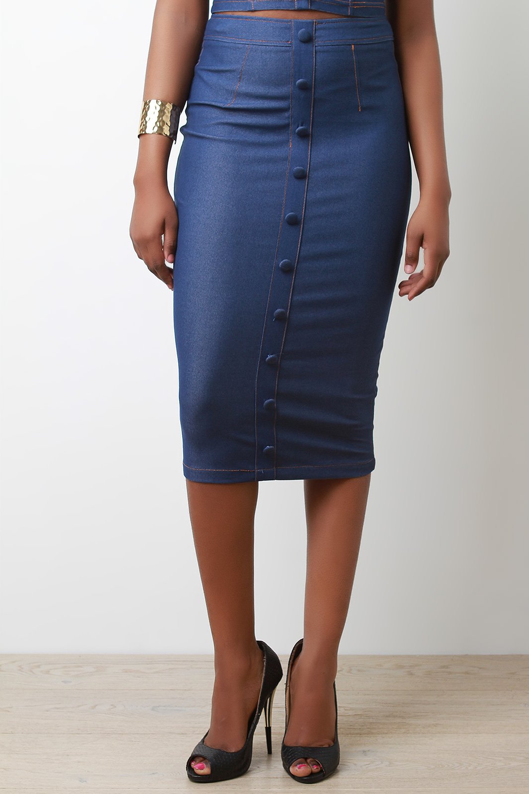 Stretchy Denim Button Decor High Waisted Pencil Skirt