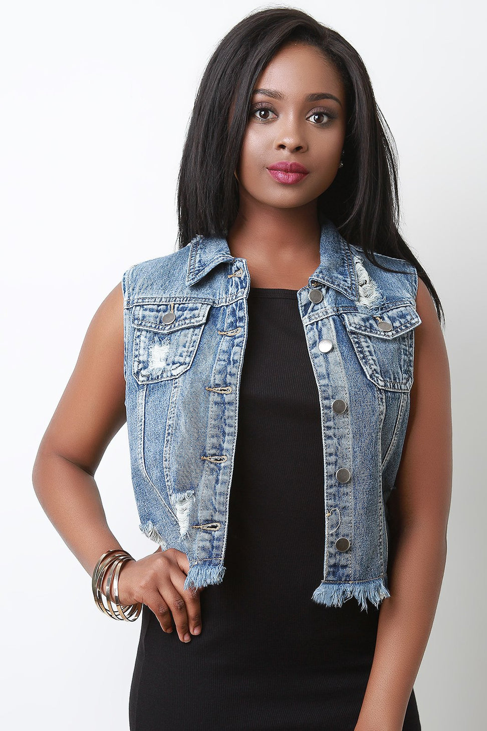 Distressed Sleeveless Slashed Back Denim Vest - NoveltyOne