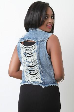 Distressed Sleeveless Slashed Back Denim Vest - NoveltyOne
