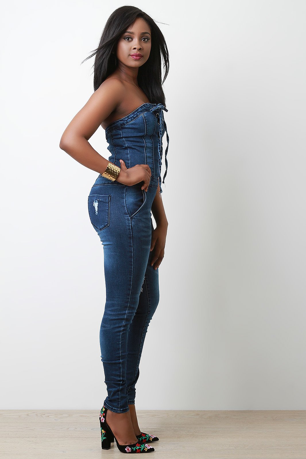 Corset Lace-Up Tube Denim Jumpsuit