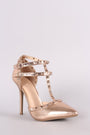 Wild Diva Lounge Metallic Studded T-Strap Pointy Toe Pump