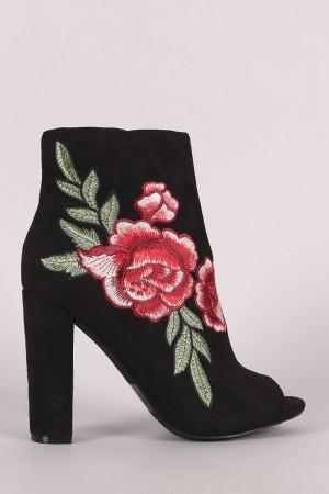 Wild Diva Lounge Embroidered Floral Chunky Heeled Ankle Boots