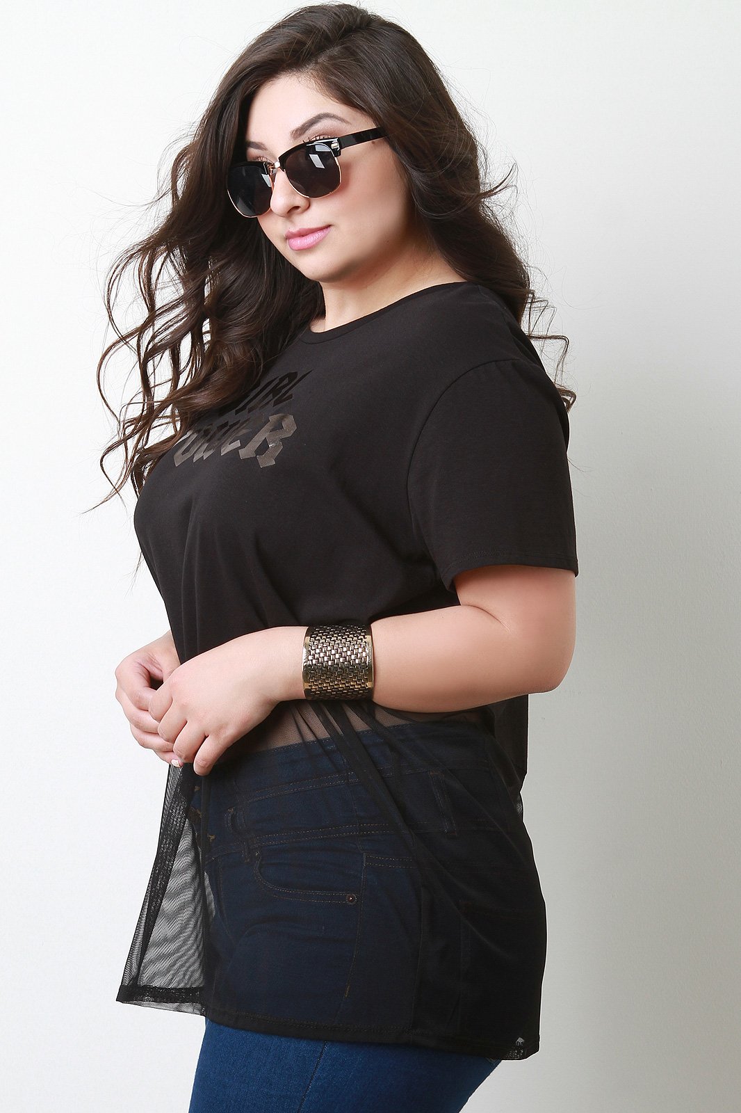 Girl Power Contrast Mesh Short Sleeve Top