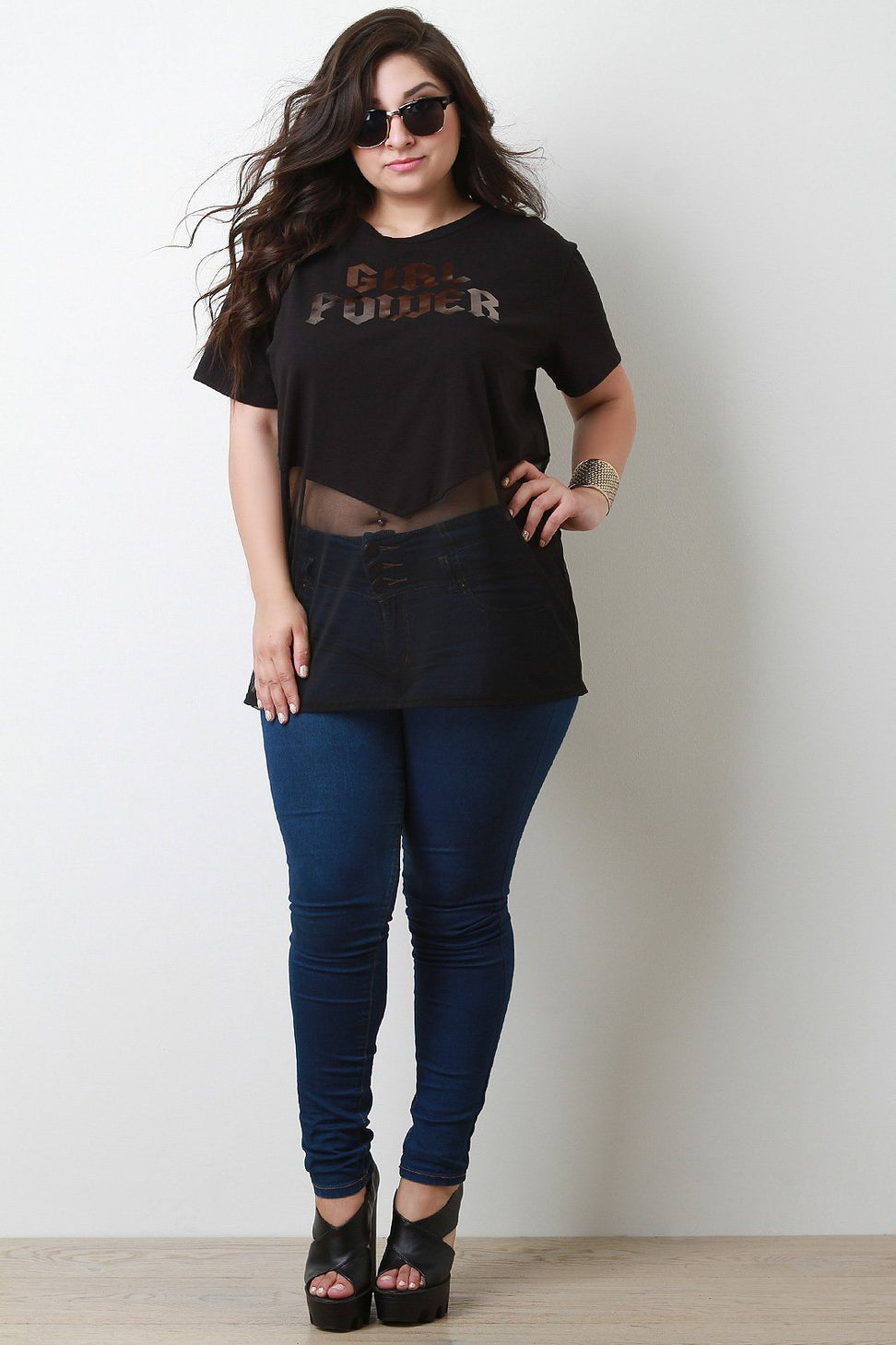 Girl Power Contrast Mesh Short Sleeve Top - NoveltyOne