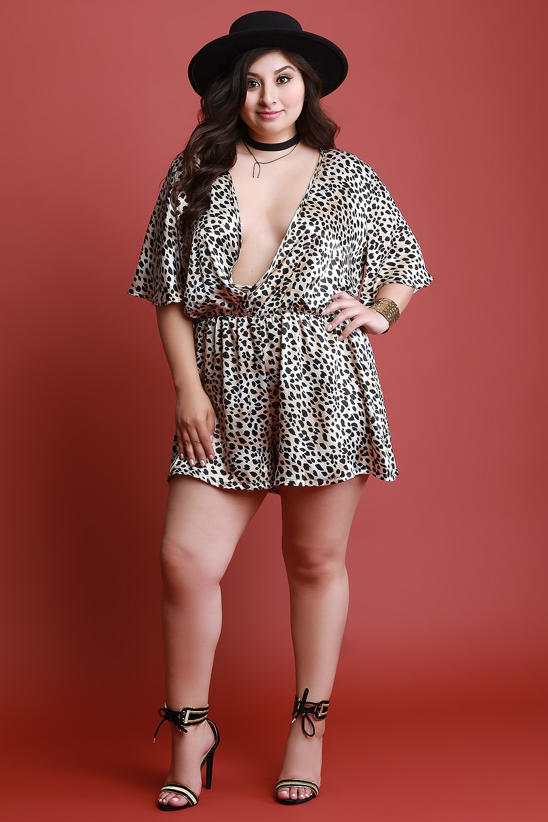 Leopard Print Satin Plunging V-Neck Romper