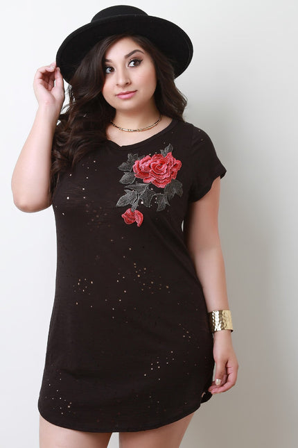 Floral Applique Distressed Short Sleeve Tee Dress - NoveltyOne