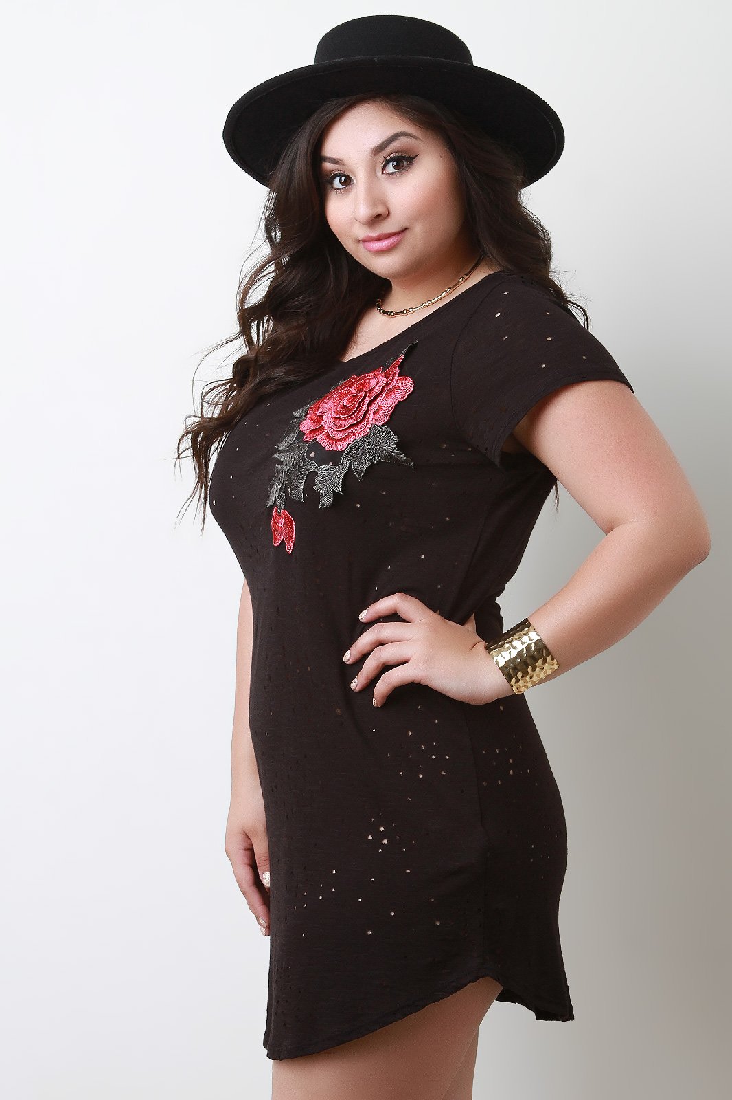 Floral Applique Distressed Short Sleeve Tee Dress - NoveltyOne