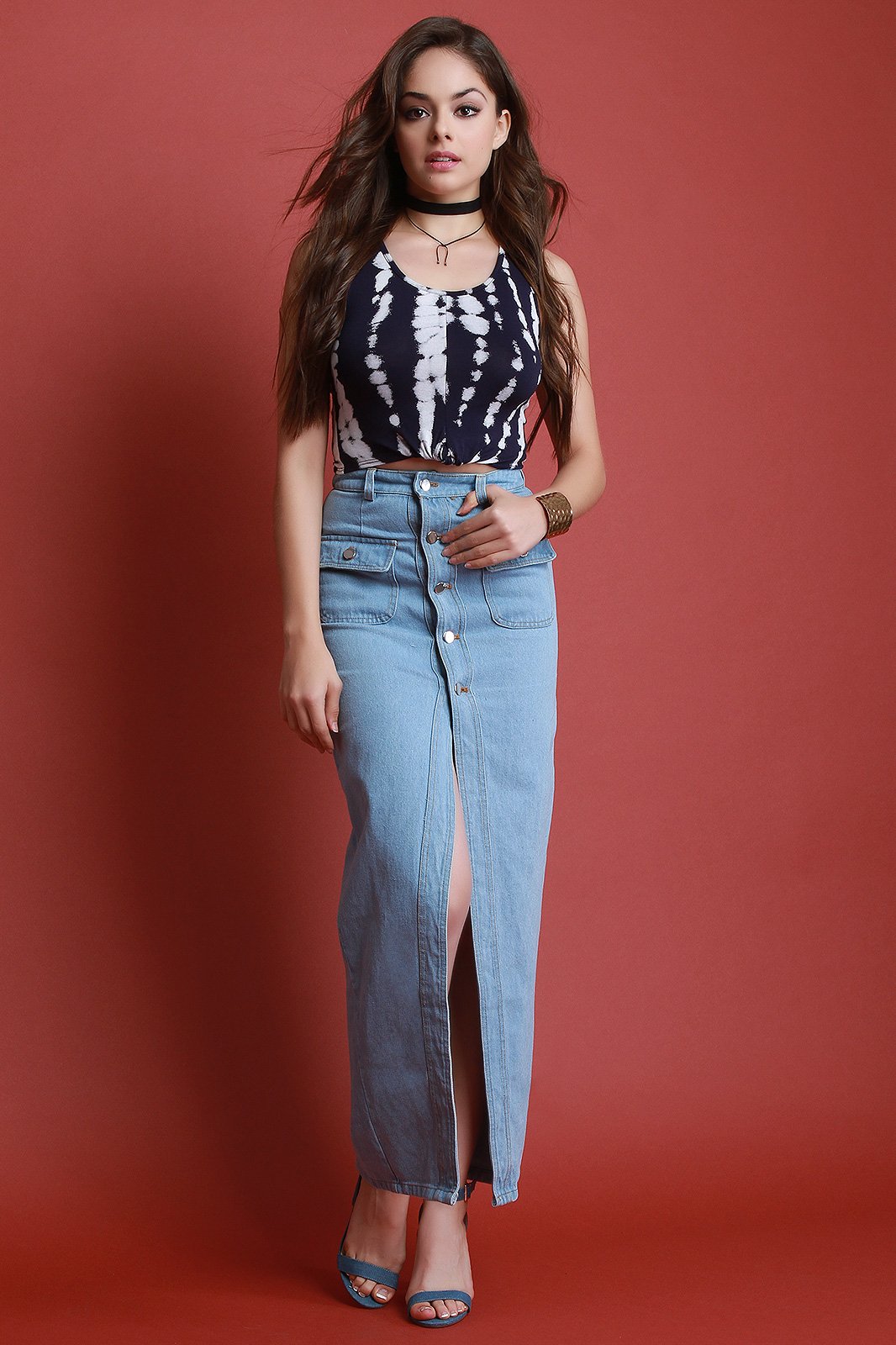 Front Slit Button-Up Denim Maxi Skirt - NoveltyOne