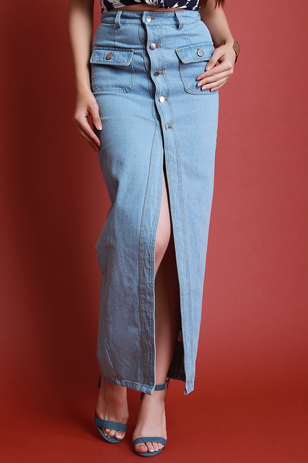 Front Slit Button-Up Denim Maxi Skirt - NoveltyOne