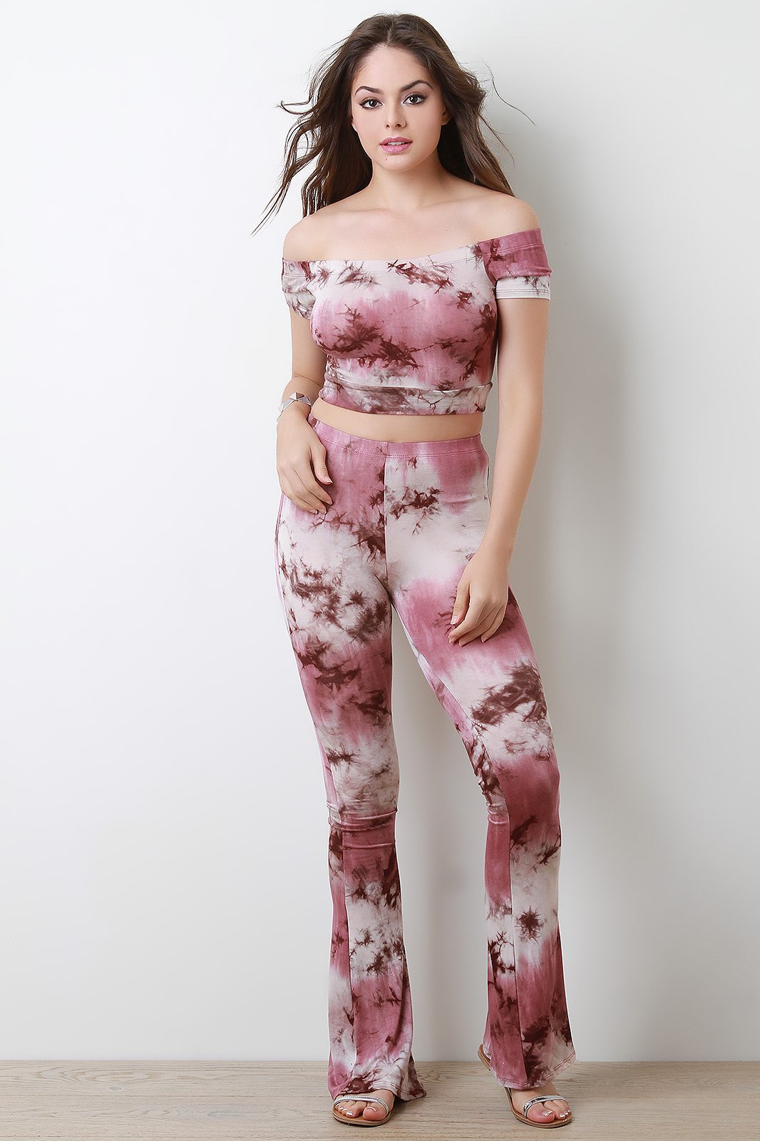 Short Sleeve Bardot Tie-Dye Crop Top