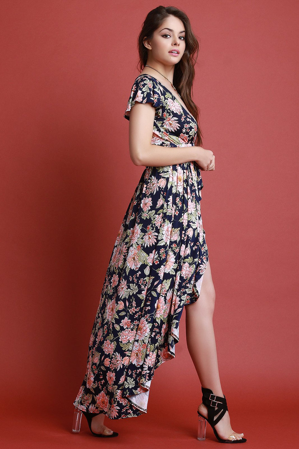 Floral Print V-Neck Ruffle High Low Maxi Top