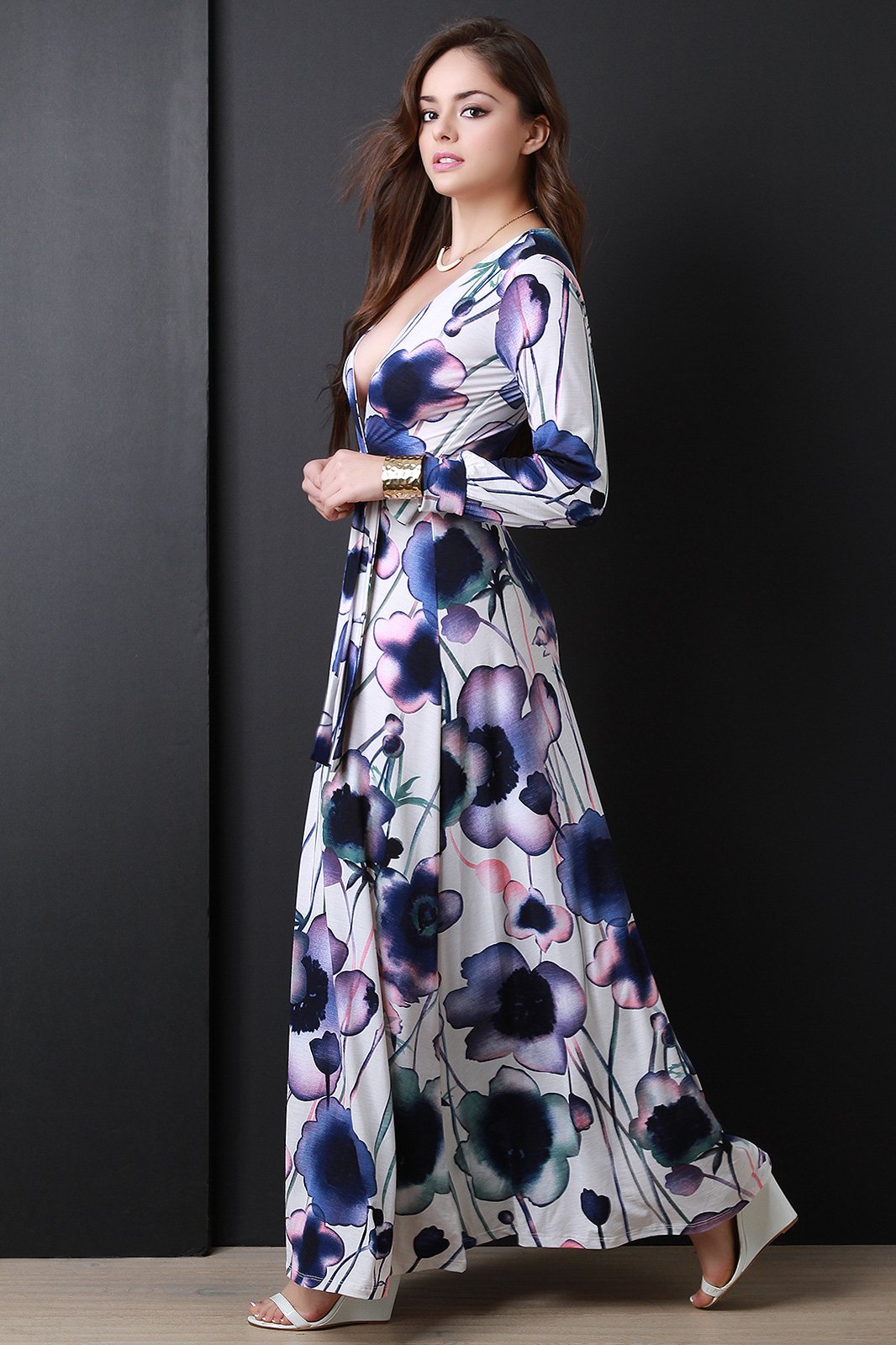 Floral Print Long Sleeve Surplice Maxi Dress