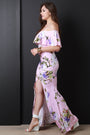 Floral Print Ruffle Bardot Front Slit Maxi Dress