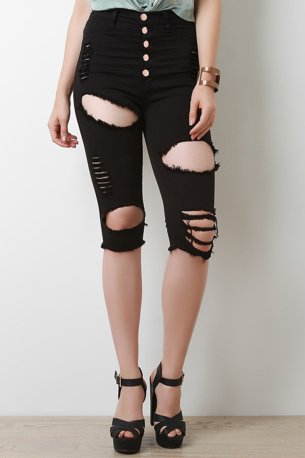 Distressed Five Button High Waisted Bermuda Denim Shorts - NoveltyOne