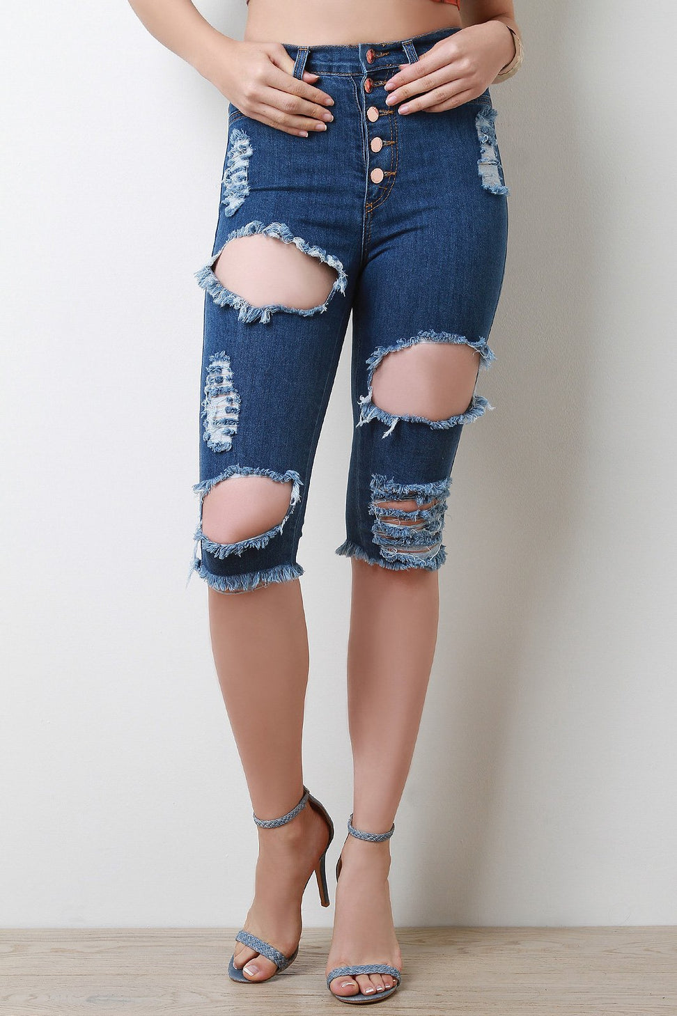 Distressed Five Button High Waisted Bermuda Denim Shorts - NoveltyOne
