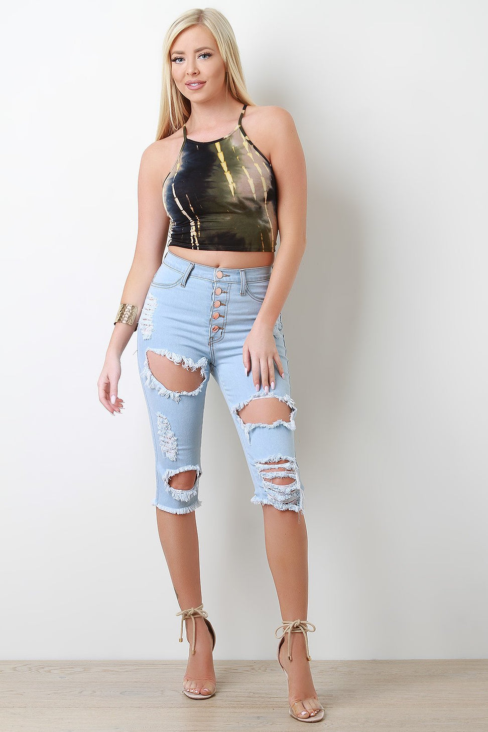Distressed Five Button High Waisted Bermuda Denim Shorts - NoveltyOne