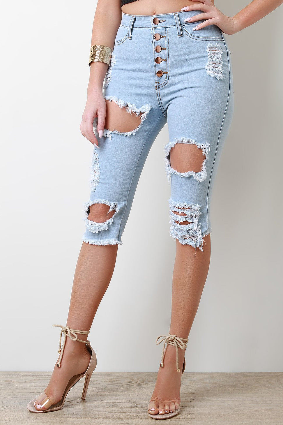 Distressed Five Button High Waisted Bermuda Denim Shorts - NoveltyOne