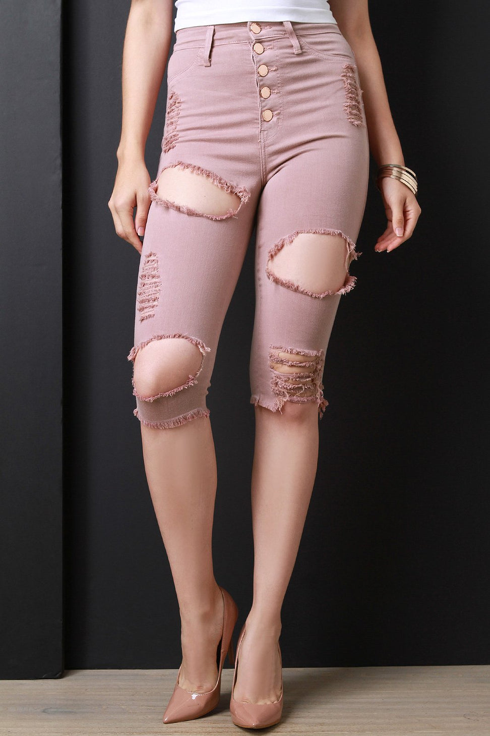 Distressed Five Button High Waisted Bermuda Denim Shorts - NoveltyOne